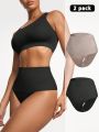 2pcs Women'S Solid Color High Waist Tummy Control Thong Underwear