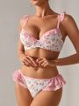SHEIN Women's Floral Printed Patchwork Lace Underwear Set