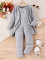 Toddler Girls' Ribbed Knit Jumpsuit With Vest And Cardigan Two Piece Set