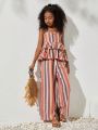 SHEIN Kids Cooltwn Tween Girls' Everyday Casual Spring/Summer Woven Multicolored Stripe Cami & Pants Set