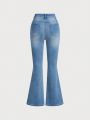 SHEIN Teen Girls High Waist Bleach Washed Ripped Slant Pocket Flare Leg Jeans,Kids Spring And Summer Pants