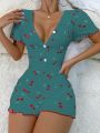Women's Cherry Printed Short Sleeve Pyjamas Jumpsuit With Shorts