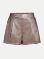 SHEIN Kids CHARMNG Tween Girls' Decorative Buckle Elastic Waistband Shorts