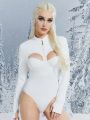 ROMWE PUNK Solid Color Hollow Out Zipper Bodysuit
