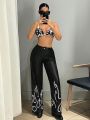 SHEIN ICON Flame Print Pu Leather Pants