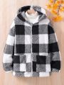 Teenage Girls' Plush Grid Pattern Printed Hooded Coat