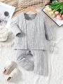 Baby Girls' Button-Up Coat And Romper Jumpsuit Set With Shoulder Straps