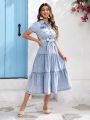 SHEIN VCAY Women's Loose-Fitting Denim Dress With Puff Sleeves And Turn-Down Collar In College Style