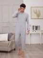 Men'S Solid Color Front Buttoned Jumpsuit For Home Wear