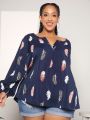 SHEIN CURVE+ Plus Size Feather Pattern Printed Notched-Neck Long Sleeve Shirt
