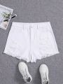 SHEIN Teen Girl Frayed Ripped Denim Shorts