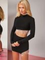 Asavvy Rhinestone Fringe Hem Crop Top & Bodycon Skirt Set