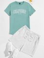 Manfinity Men Letter Graphic Tee and Slant Pocket Track Shorts Set