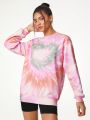 Carola Prints Loose Fit Tie-Dye Heart Printed Sweatshirt With Crew Neck