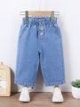 Baby Girl Vintage & Cute Elastic Waist Flower Bud Design Wide Leg Jeans With Soft Washed Denim, Light Blue