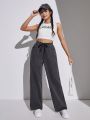 SHEIN Teen Girl Drawstring High Waist Slant Pocket Loose Fit Summer Jeans Wide Leg Denim Pants Grey Washed Baggy Jeans