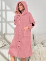 Heart Pattern Drop Shoulder Hooded Flannel Sleep Robe