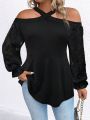 SHEIN LUNE Plus Size Women's Off-shoulder Floral Lace Mesh Long Sleeve Top