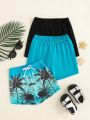 Baby Boys' Tropical Coconut Tree Printed Casual Shorts 3pcs/Set For Spring And Summer Vacation