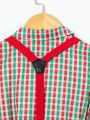 SHEIN Kids FANZEY Young Boy'S Pocket Front Plaid Short Sleeve Shirt And Suspender Shorts Gentleman Outfit Set