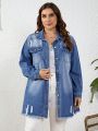 Plus Size Washed Denim Jacket With Frayed Hem Detail