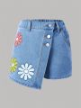 Girls' Casual Elastic Waist Button-Front Denim Skirt With Cute Flower Pattern Print, Light Blue Wash
