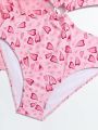 Teenage Girls' Heart Print Hollow Out One Piece Swimsuit