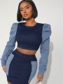 GYZ Puff Sleeve Colorblock Crop Denim Top