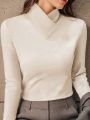 SHEIN Essnce Solid Overlap Neck Tee