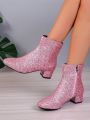 Ladies' Pointed Toe Pink Glitter Side Zipper Chunky Heel Western Style Short Boots, Winter New Arrivals All-match Slimming Fashionable Shoes For Women