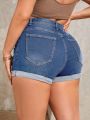 Plus Solid Ripped Roll Up Hem Denim Shorts
