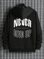 Men's Slogan Printed Kangaroo Pocket Hooded Sweatshirt With Thermal Lining And Zipper