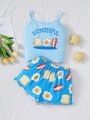 SHEIN Tween Girls' Knit Cartoon Egg Print Cami Top & Shorts Pajama Set