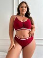Plus Size Striped Decor Hollow Out Lingerie Set