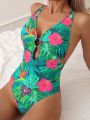 SHEIN Swim Summer Beach Tropical Printed Hollow Out One-Piece Swimsuit