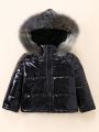 SHEIN Kids SPRTY Young Boy Fuzzy Trim Hooded Puffer Coat