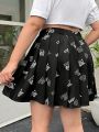 SHEIN Qutie Women's Plus Size Alphabet & Heart Print Pleated Skirt