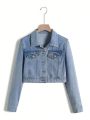 Teen Girls' Casual Basic Short Denim Biker Jacket For Daily Wear