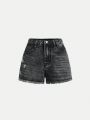 SHEIN Tween Girl Carbon Grey Y2k Frayed Snowflake Ripped Denim Shorts