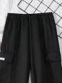 SHEIN Kids EVRYDAY Boys' Elastic Waist Side Stripe Cargo Pants With Flap Pockets