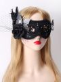 1pc Ladies' Black Lace Mask With Butterfly & Black Rose & Poultry Feather & Large Hole Net Yarn & Black Berry For Party, Cosplay And Halloween Decoration