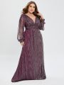 Plus Plunging Neck Lantern Sleeve Glitter Formal Dress