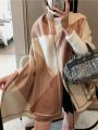 1pc Khaki Women Cashmere Feeling Color Block Long Shawl Scarf, Geometric Pattern Keep Warm Wool Fashion Scarf For Autumn Winter Daily Life Evening Dresses Travel Office Winter Wedding and gift