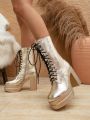 Women's High Heel Thick Sole Motorcycle Boots, Gold Combat Boots For Fashionable And Versatile Outfits
