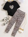 2pcs/Set Teen Girls' Leopard Print Heart Design Short Sleeve T-Shirt And Leggings