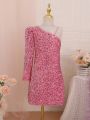 Tween Girls' Asymmetric Neckline Single Sleeve Sequined Party Dress For Evening, Birthday, Performance, Etc. Occasions, Autumn