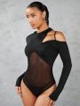 SHEIN BAE Women's Irregular Shoulder Cutout Mesh Splice Bodysuit, Slim Fit
