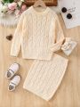 SHEIN Kids EVRYDAY Girls' Round Neck Twist Flower Knitted Sweater And Knitted Skirt Set