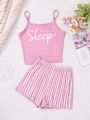 SHEIN Teen Girls' Letter Print Cami Top & Striped Shorts Homewear Set