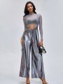 XELA AND VIC Mock Neck Mesh Top & Wide Leg Overall Jumpsuit